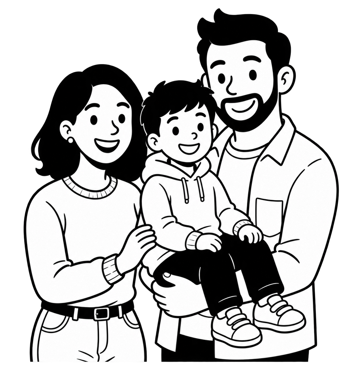 Une famille dessinée en noir et blanc : deux parents et leur enfant.