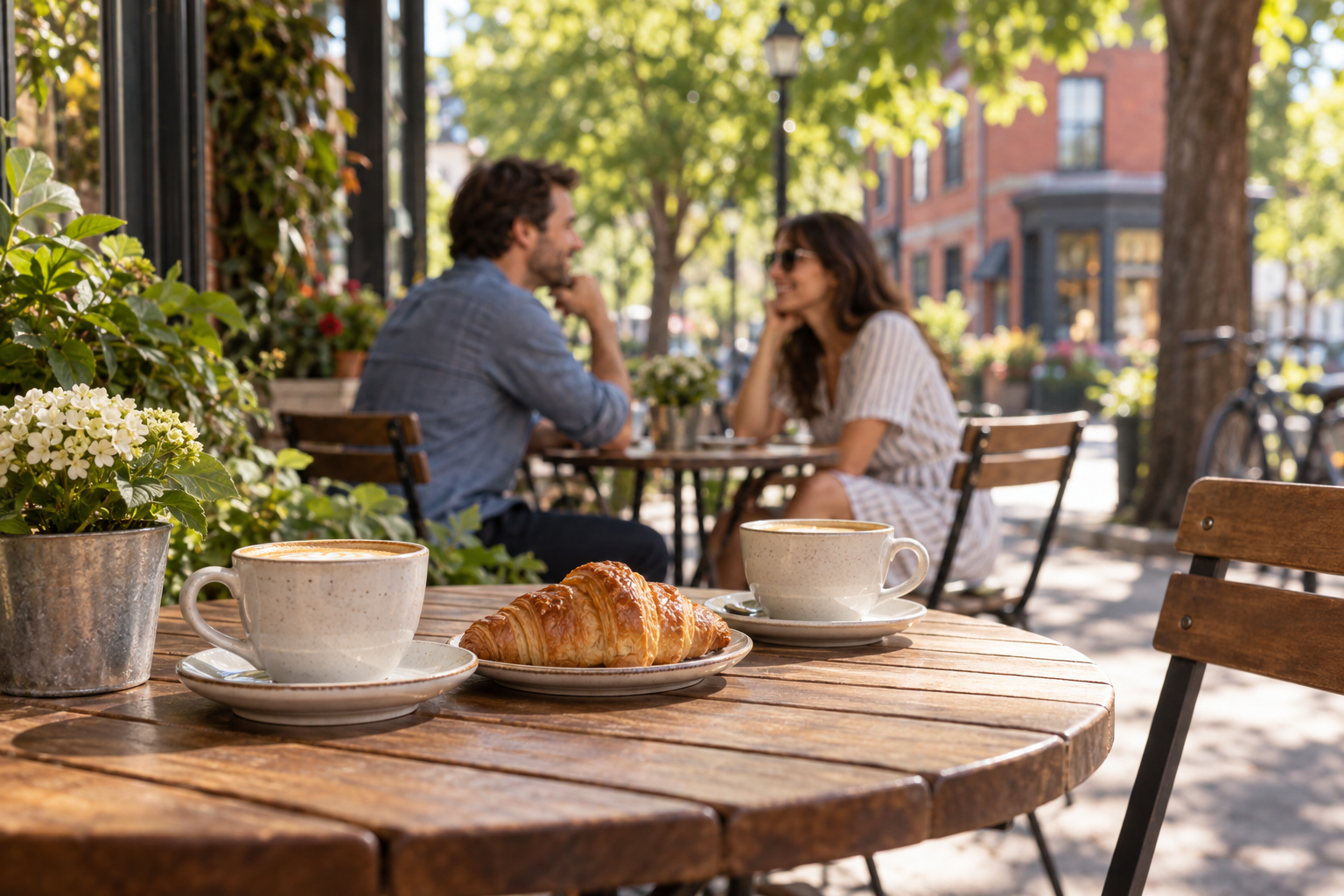 Café et croissant sur une terrasse arborée — image d’ambiance