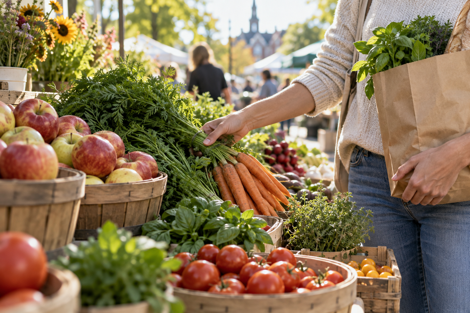 Produits frais et panier de courses au marché — image d’ambiance